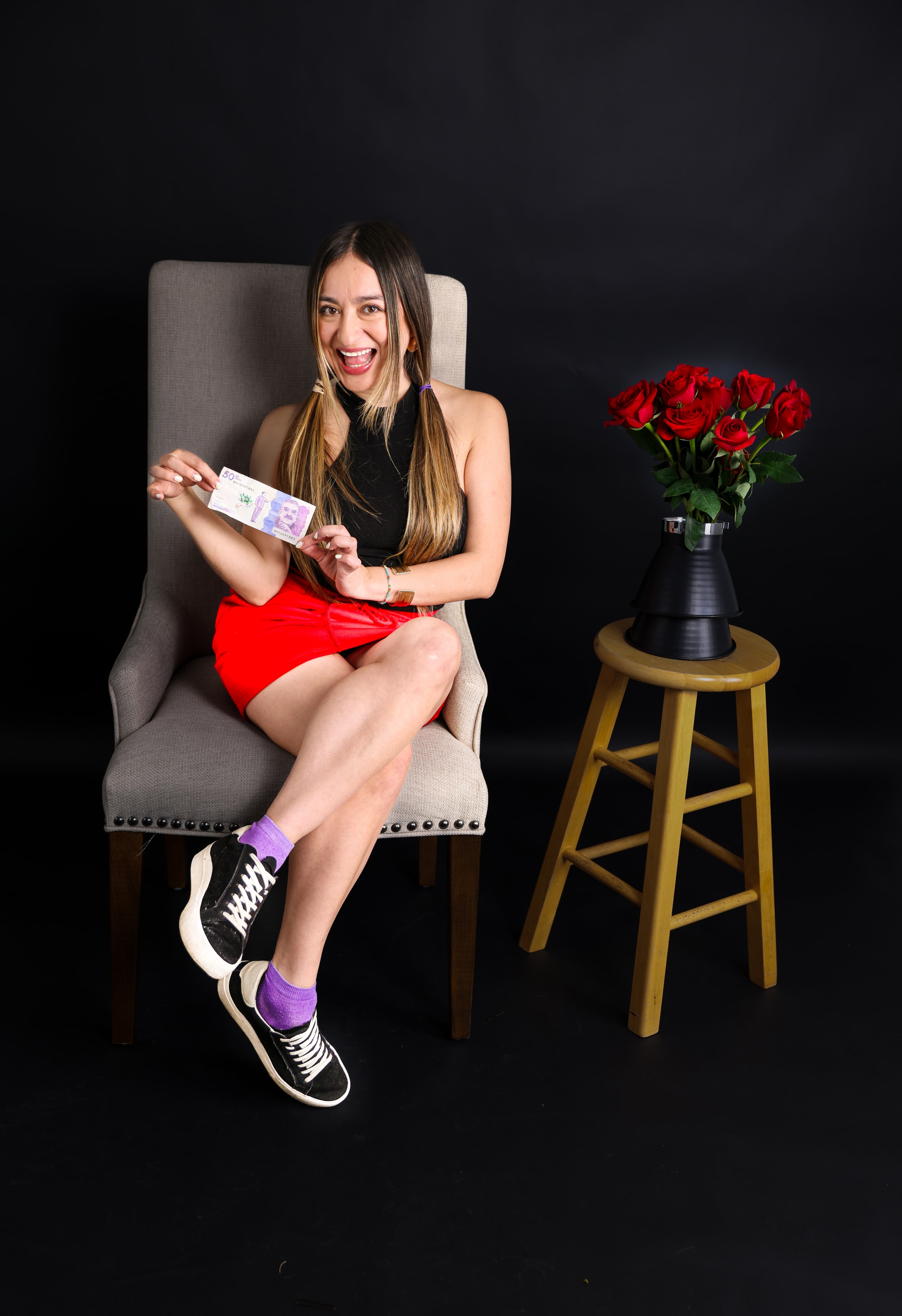 Red Skirt Chair Roses Laughing